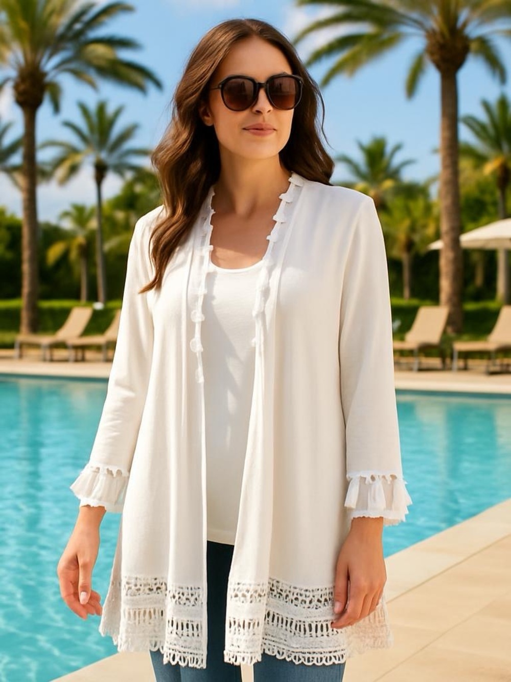Chico's white cardigan kimono beach coverup with fringe tassels Size 1 (M)